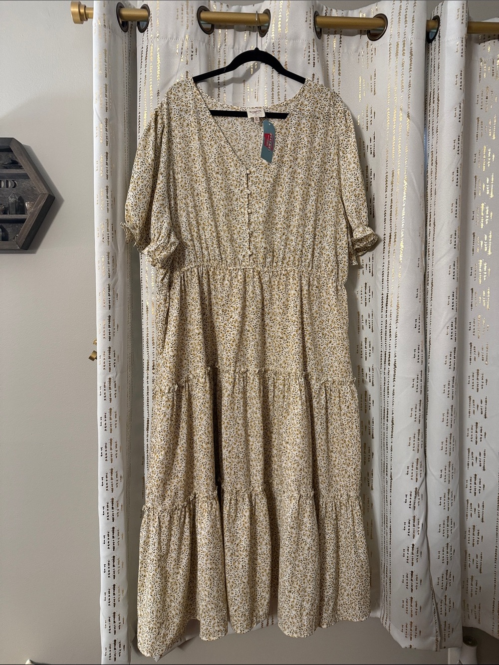 Women's Cream and Yellow Floral Tiered Maxi Dress